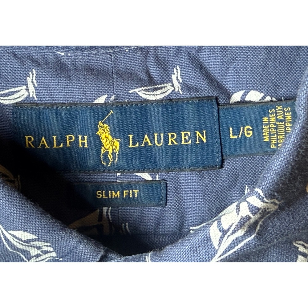 Ralph Lauren Mens L Slim Fit Shirt Blue Short Sleeve Button Down Sailboat Print - Picture 4 of 8